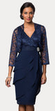 Short Formal Navy Blue Dress V-Neck Lace Chiffon 3/4 Sleeve Jacket Back View