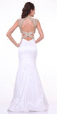 Cinderella Divine 8760 High Neck Embellished Trumpet Full Length Off White Satin Evening Gown