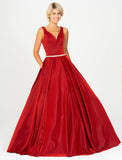 Red V-Neck Prom Ball Gown with Pockets