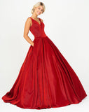 Red V-Neck Prom Ball Gown with Pockets