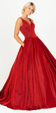 Red V-Neck Prom Ball Gown with Pockets