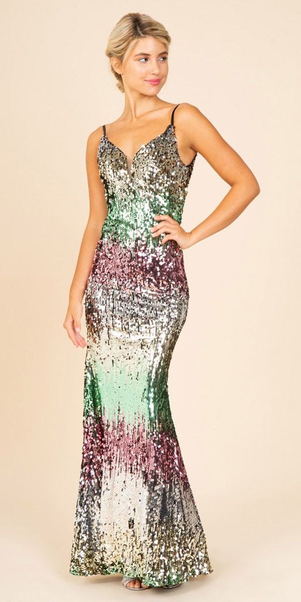 Eureka Fashion 9105 Silver Multi-Sequins Long Prom Dress with Spaghetti Straps