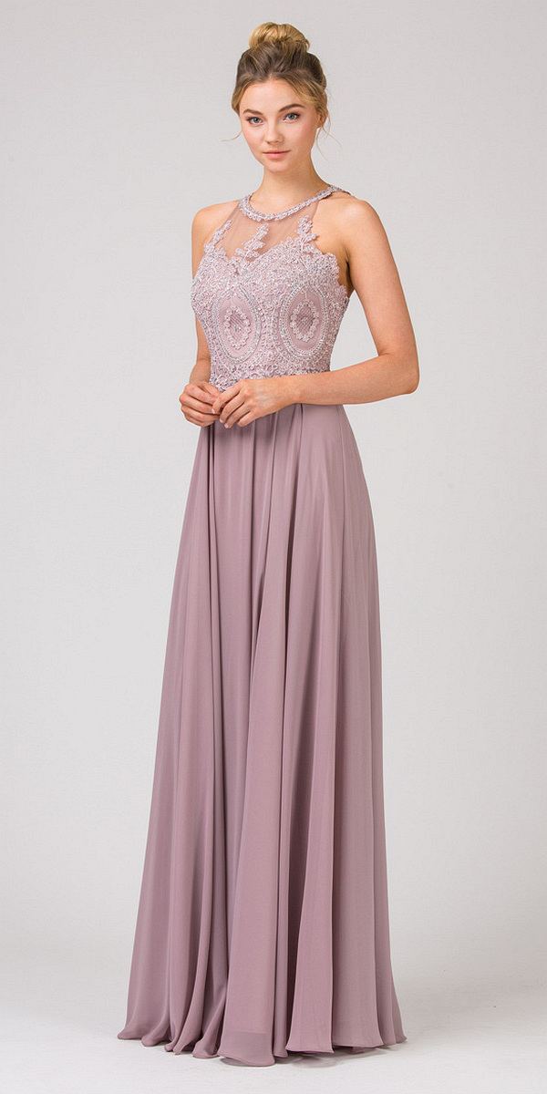Illusion Neckline Long Formal Dress Mocha