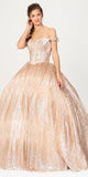 Off-Shoulder Glitter Prom Ball Gown Rose Gold