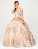 Off-Shoulder Glitter Prom Ball Gown Rose Gold