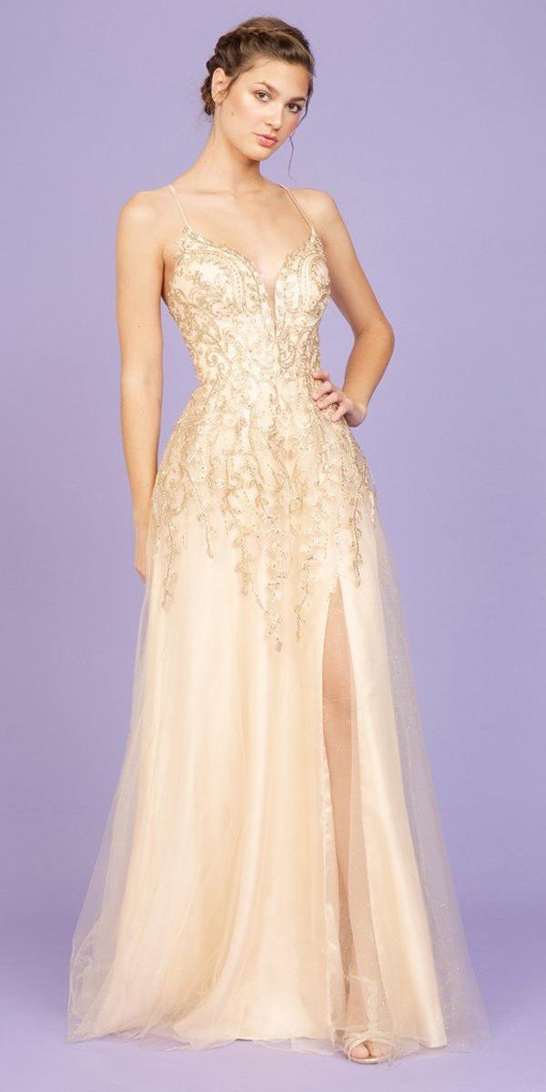 Eureka Fashion 9705 Champagne Long Prom Dress Criss-Cross Back with Slit
