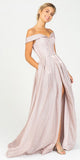 Off-Shoulder Long Prom Dress with Slit and Pockets Rose Gold