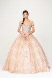 Off-Shoulder Rose Gold Prom Ball Gown Lace-Up Back