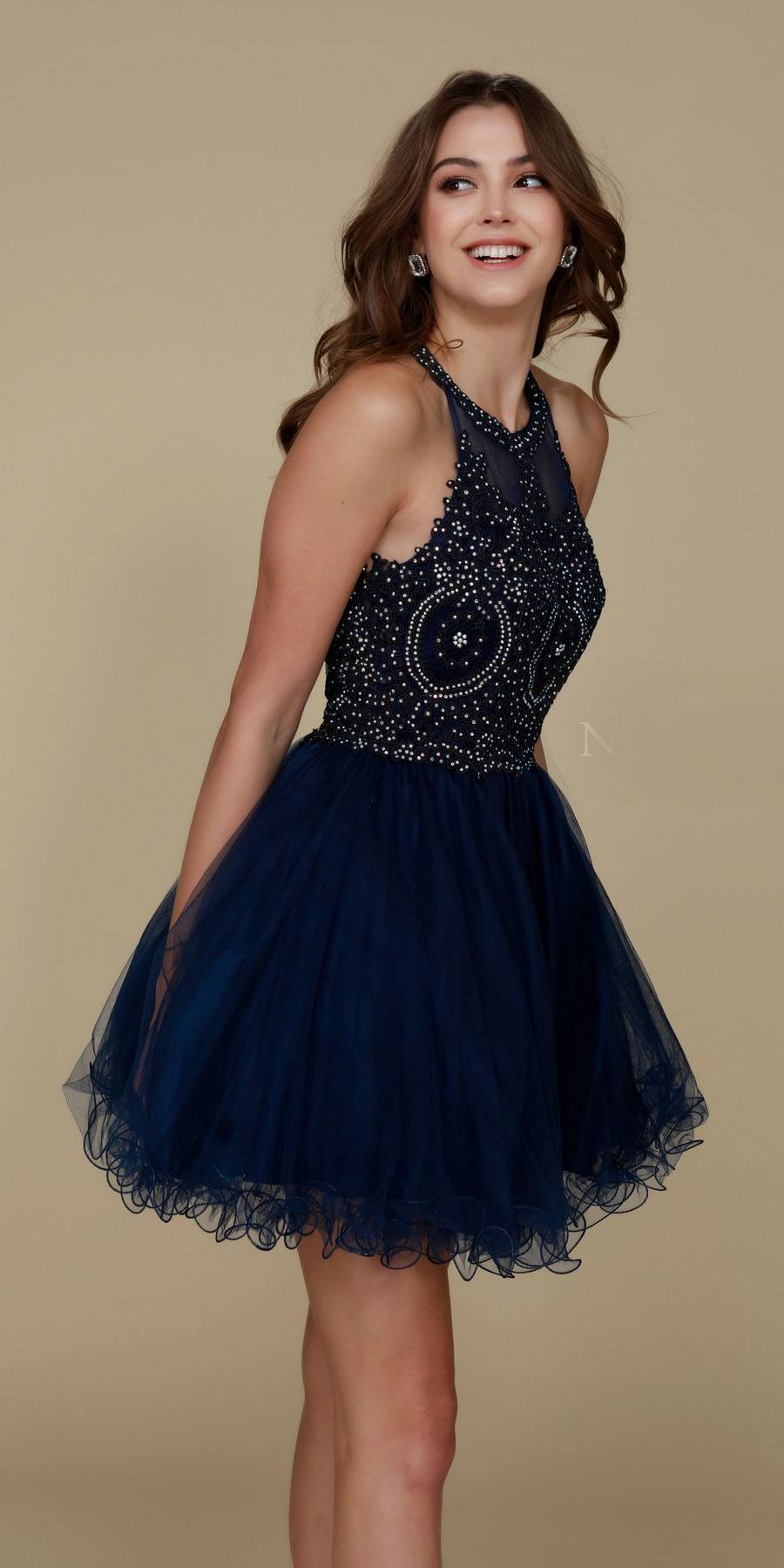 Short Navy Blue Homecoming Dress Poofy A Line Tulle Skirt Halter Neck