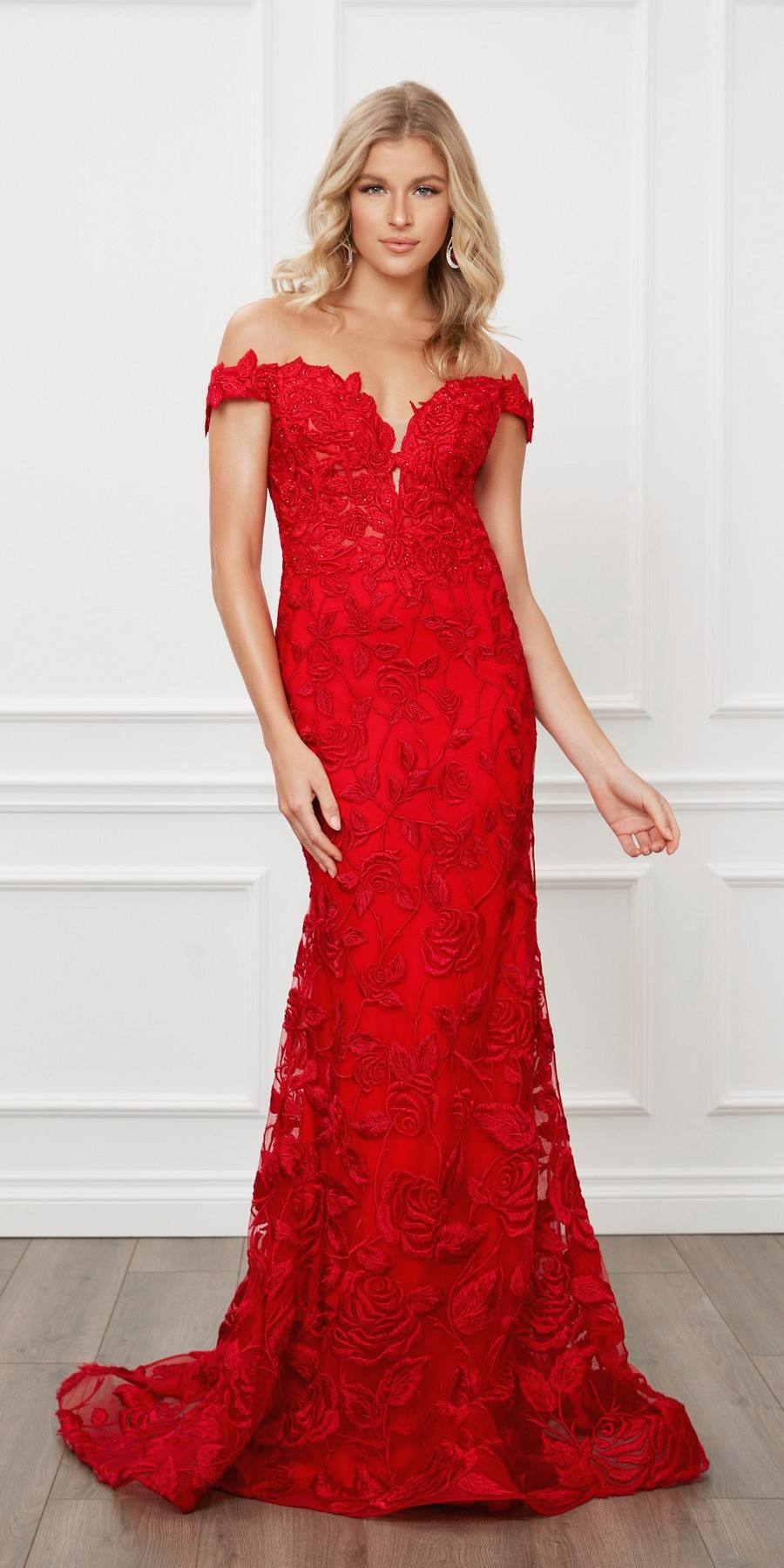 Nox Anabel C439 Off The Shoulder Boho Inspired Red Lace Mermaid Gown
