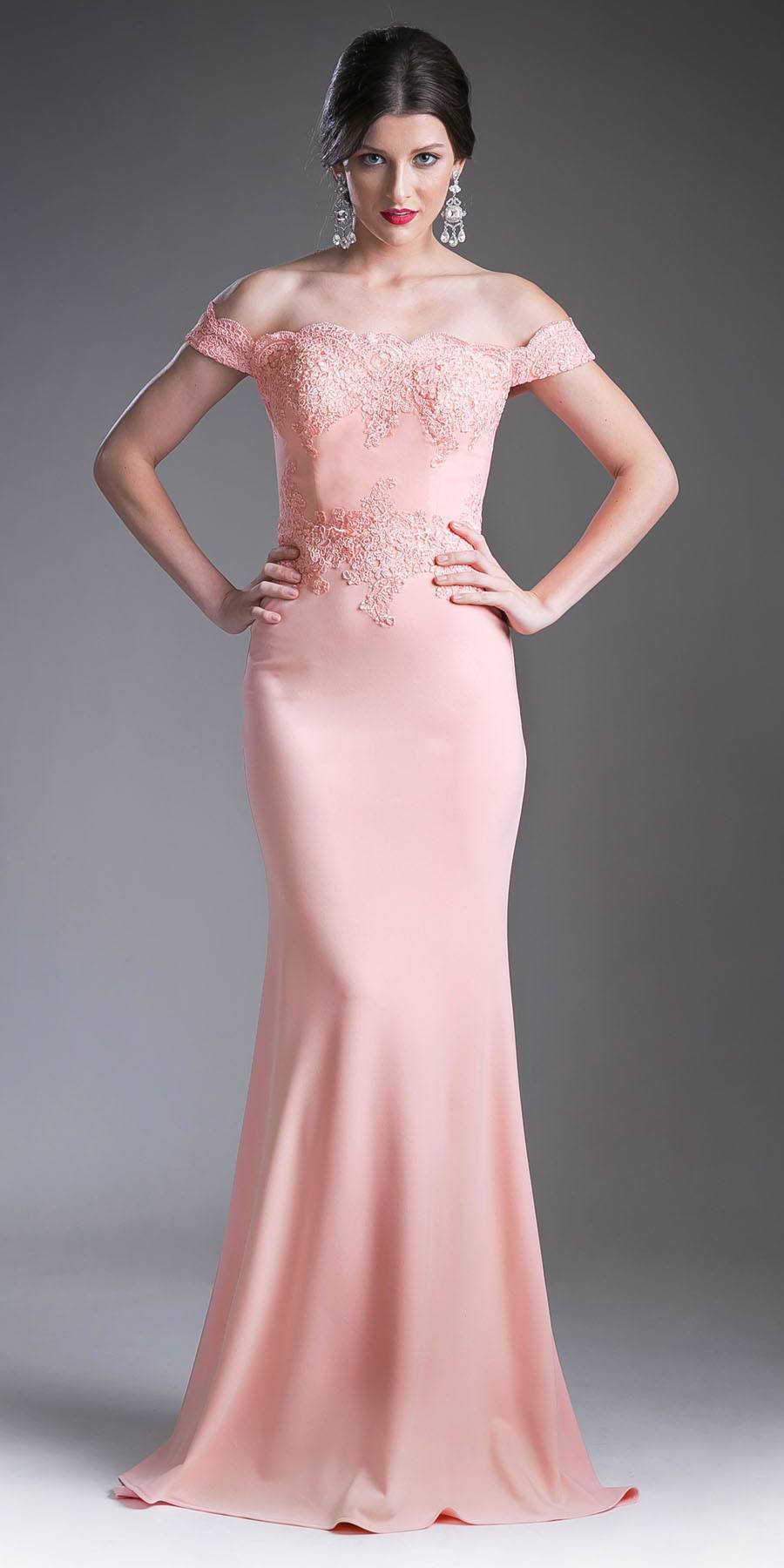 Cinderella Divine CF158 Peach Off Shoulder Floor Length Evening Gown Applique Bodice