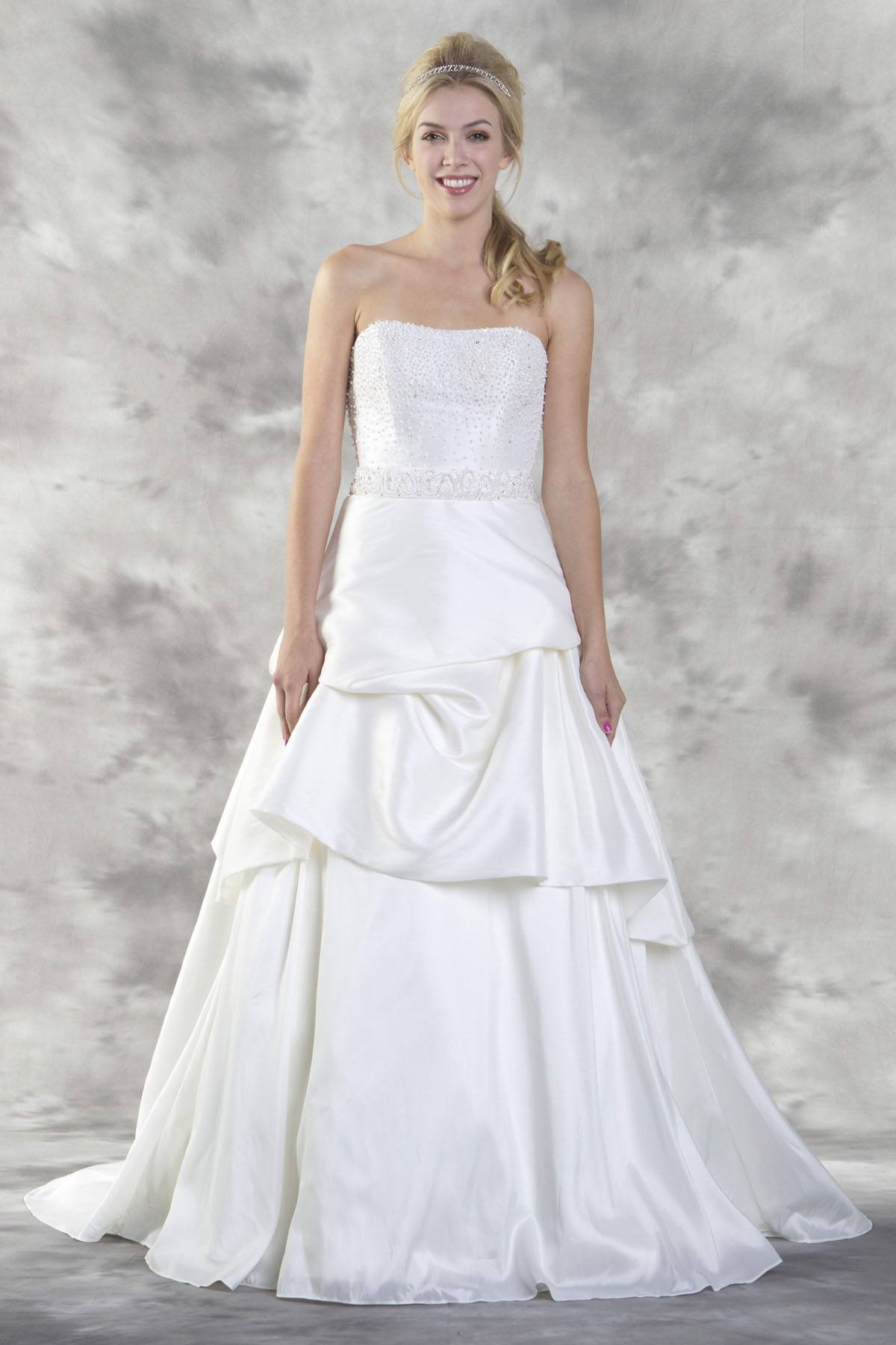 Pearl Embellished Bodice Strapless Wedding Gown Ivory