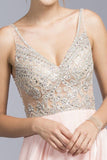 Blush Illusion Bodice Beaded Long Prom Dress V-Neck