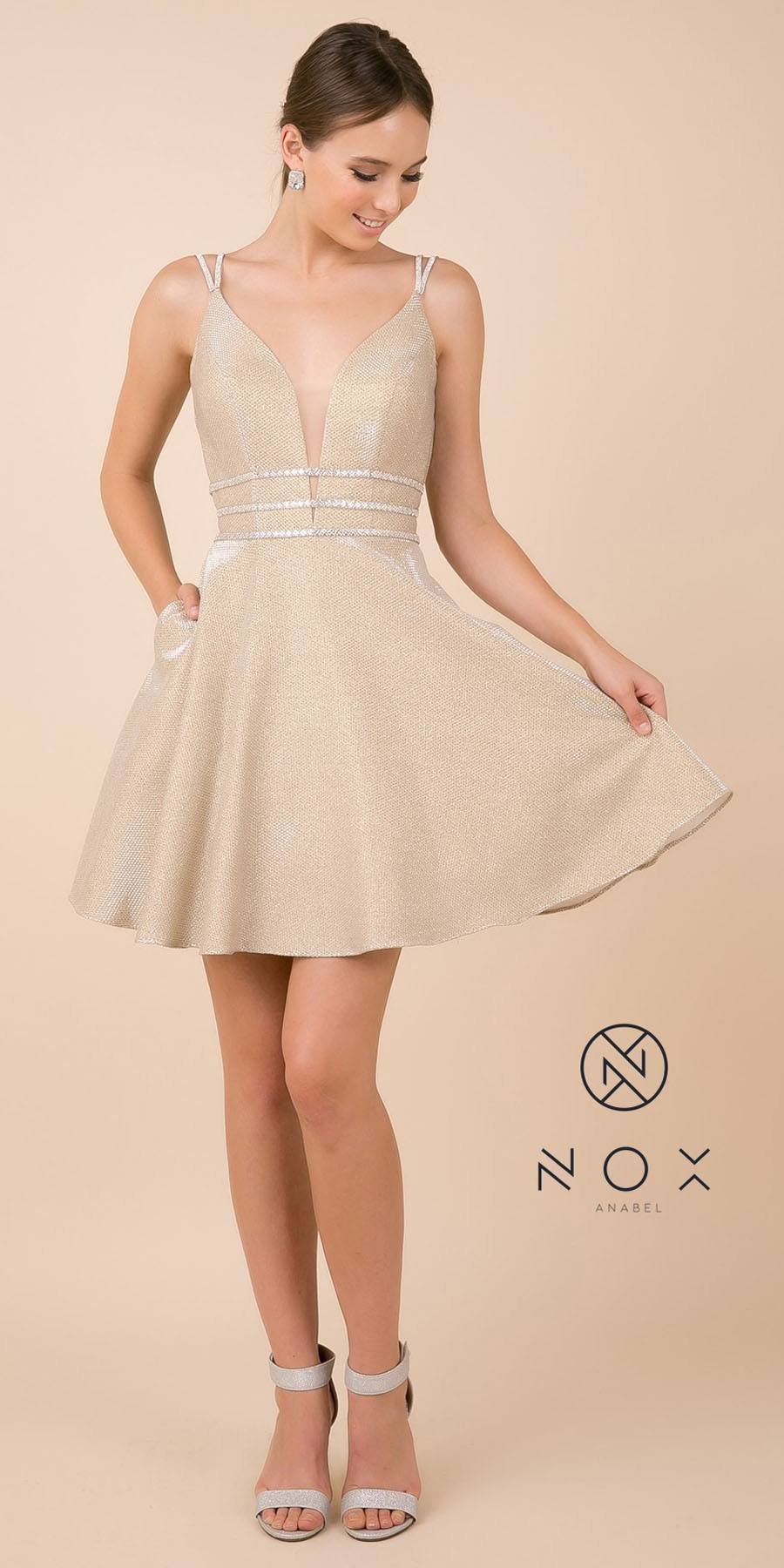 Open-Back Shimmering Homecoming Short Dress Gold