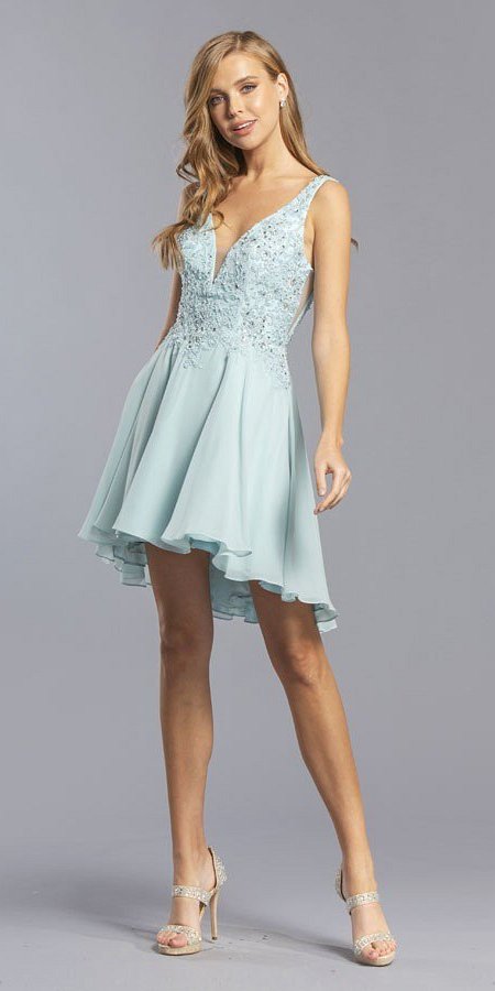 Embroidered V-Neck Homecoming Short Dress Powder Blue
