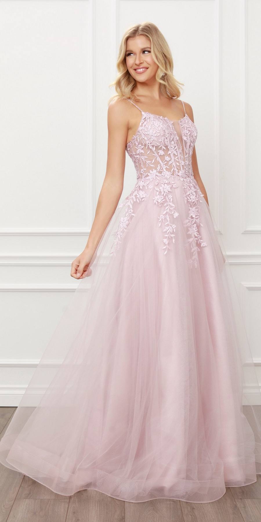 Nox Anabel T449 Floral Embellished Beaded Bodice Blush A-Line Ball Gown