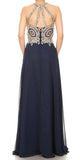 Halter Appliqued Long Prom Dress Navy Blue