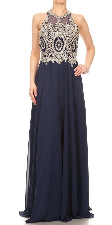 Halter Appliqued Long Prom Dress Navy Blue