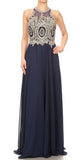 Halter Appliqued Long Prom Dress Navy Blue