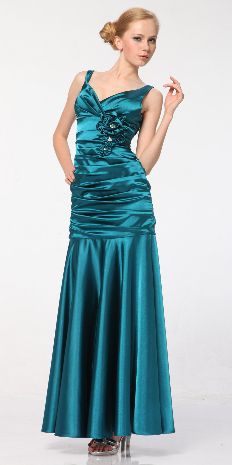 Popular Teal Formal Dress V Neck Wide Strap Pleated Mermaid Gown