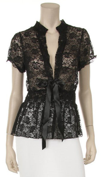 Black Short Sleeve Lace Top V Neck With Bow