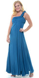 Rosette Strapped One Shoulder Long Teal Column Dress