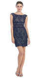 Two Tone Navy Blue Gold Overlay Short Lace Dress Wide Strap