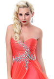 Chiffon Coral Prom Gown Double Layer Strapless Long Large Jewels