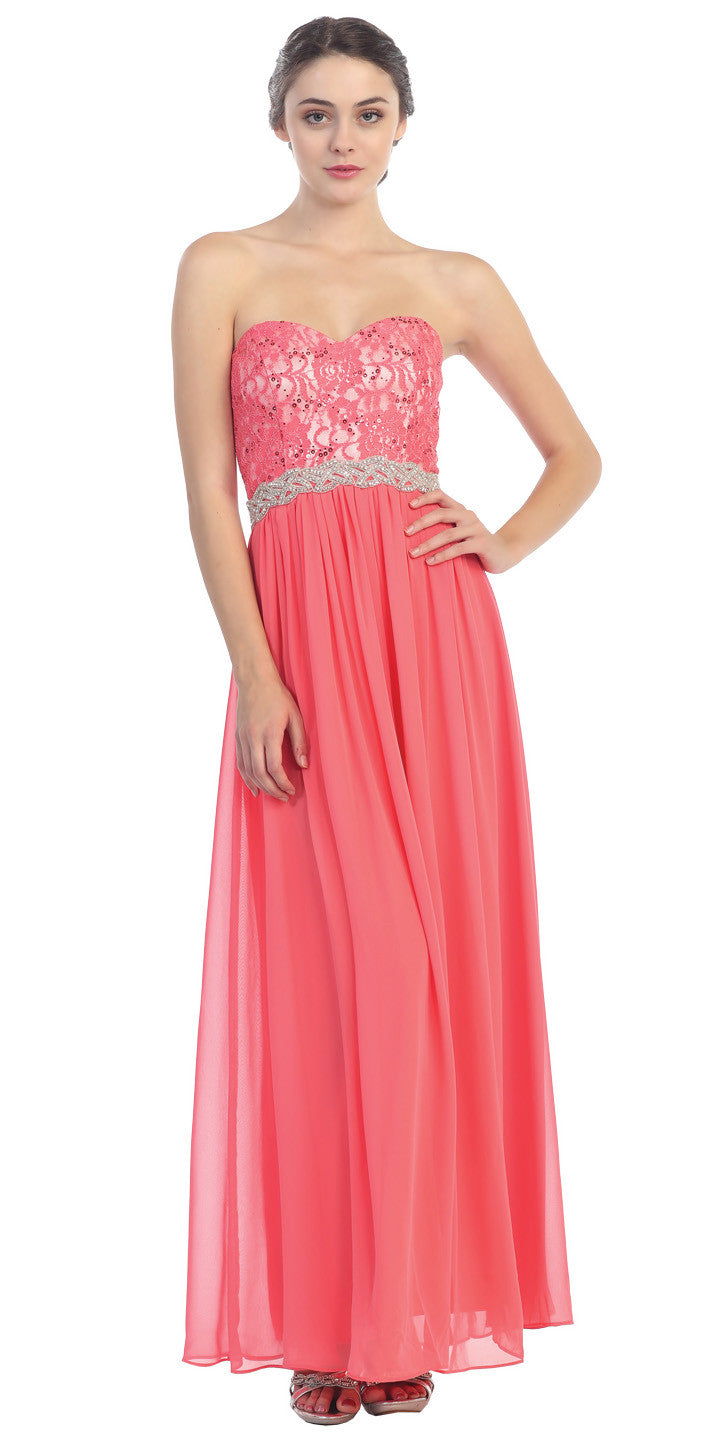 A Line Chiffon Corset Back Dress Coral Lace Bodice Empire