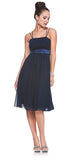 Knee Length Spaghetti Strap Navy Blue Graduation Dress Chiffon