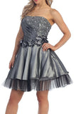 ON SPECIAL - LIMITED STOCK - Lace Up Back Charcoal Dress Short A Line Strapless Taffeta Beading