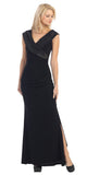 Overlapping V Neck Long Thigh Slit Black Column Gown