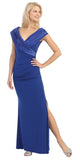 Overlapping V Neck Long Thigh Slit Royal Blue Column Gown