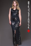 Long Black/Gold Foil Design Plus Size Maxi Dress Front Slit Cowl