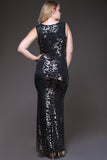 Long Black/Gold Foil Design Plus Size Maxi Dress Front Slit Cowl