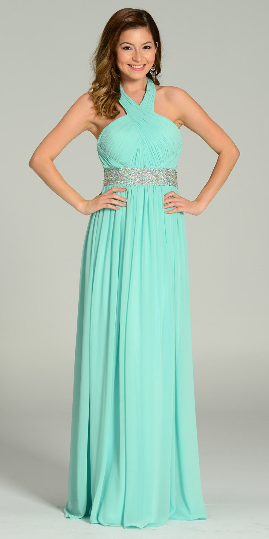 Long Chiffon Formal Column Gown Mint Halter Rhinestone Waist