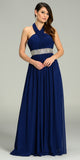 Long Chiffon Formal Column Gown Navy Blue Halter Rhinestone Waist