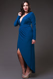 Sexy High Low Teal Blue Maxi Dress Deep Surplice Neck Long Sleeves