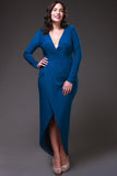Sexy High Low Teal Blue Maxi Dress Deep Surplice Neck Long Sleeves
