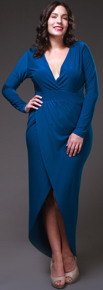 Sexy High Low Teal Blue Maxi Dress Deep Surplice Neck Long Sleeves