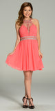 Short Chiffon A Line Dress Coral Beaded Halter Neck Sheer Back