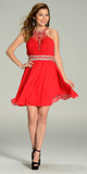 Short Chiffon A Line Dress Red Beaded Halter Neck Sheer Back