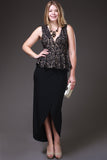 Tea Length Black Gold Semi Formal Peplum Dress V Neck Tank Strap