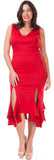 Tea Length Plus Size Red Sheath Dress Ruffled Double Slit Hem