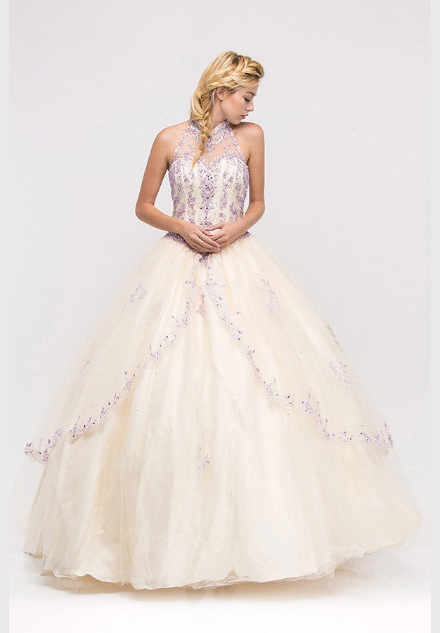 Halter Neck Corset Bodice Ivory/Lilac Princess Gown Poofy