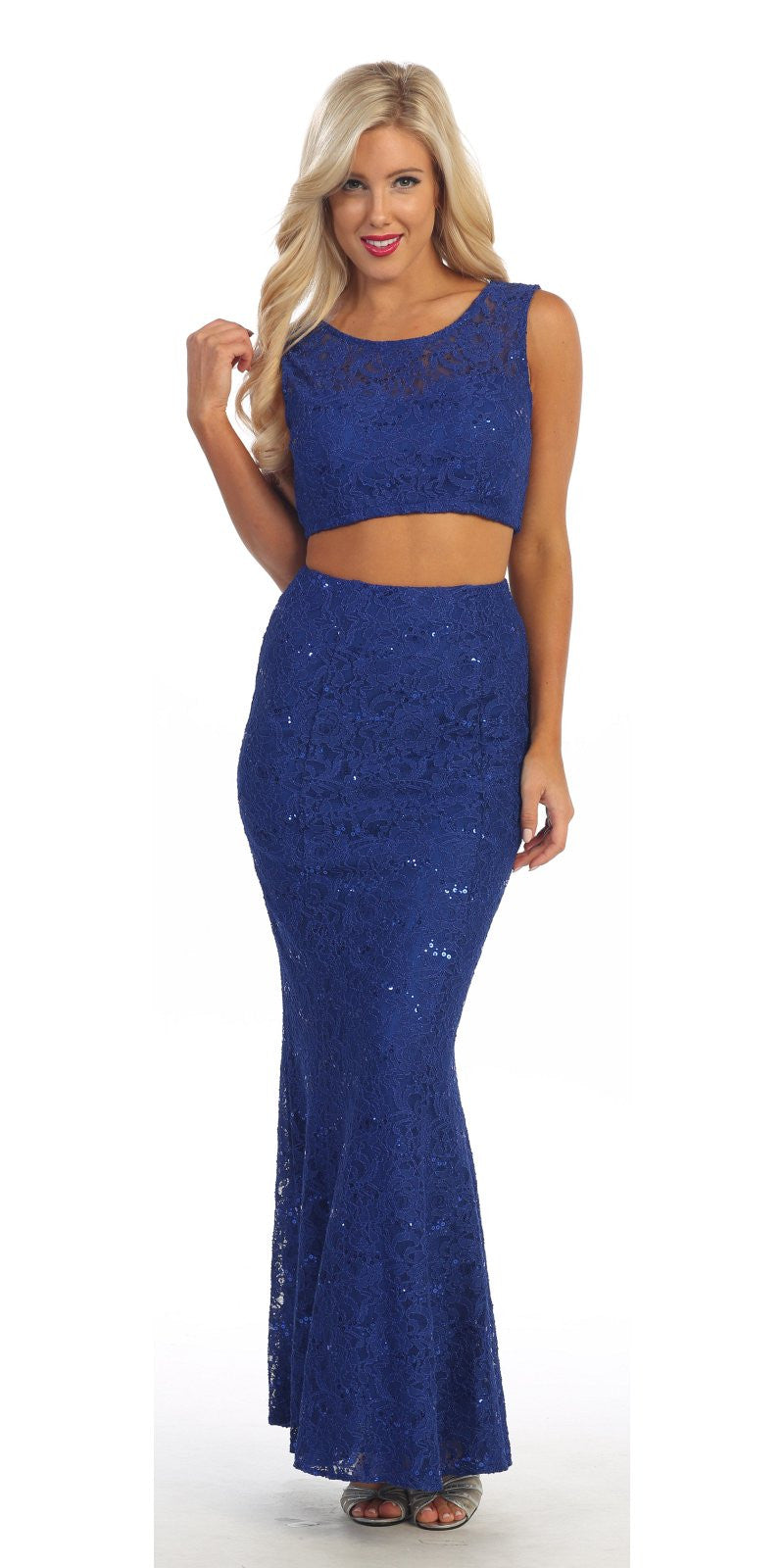 Long 2 Piece Royal Blue Lace Dress Sleeveless Form Fitting V Back