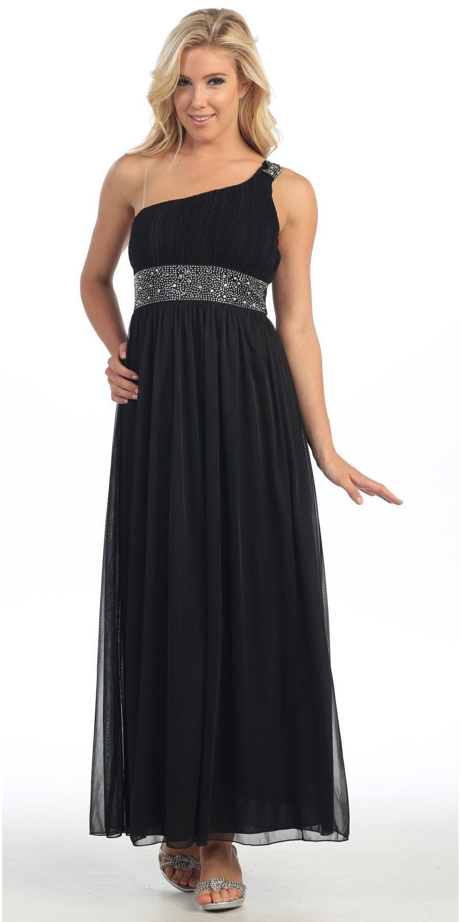 Long Black One Shoulder Evening Gown Chiffon Empire Waist Rhinestone