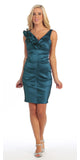 Teal Cocktail Dress Taffeta Short Tight Fit Flower Strap V Neck