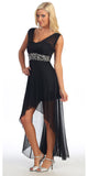 Black Semi Formal Chiffon Dress High Low Wide Strap Rhinestone Waist