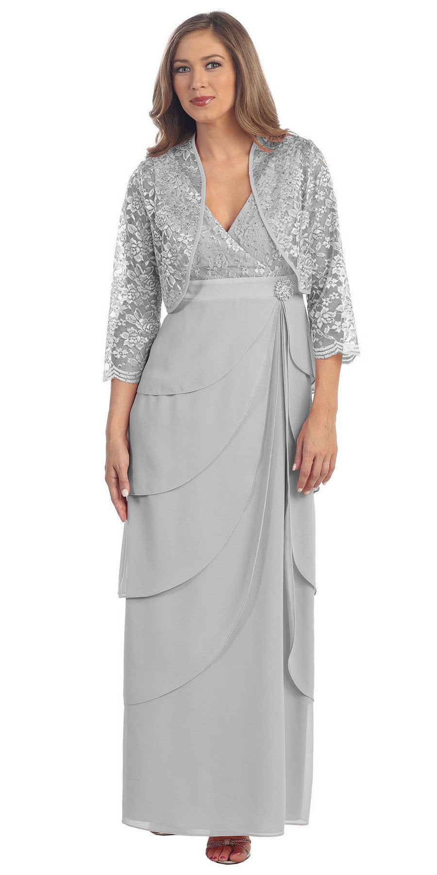 Silver V-Neck Long Dress Empire Lace Chiffon Include Lace Jacket